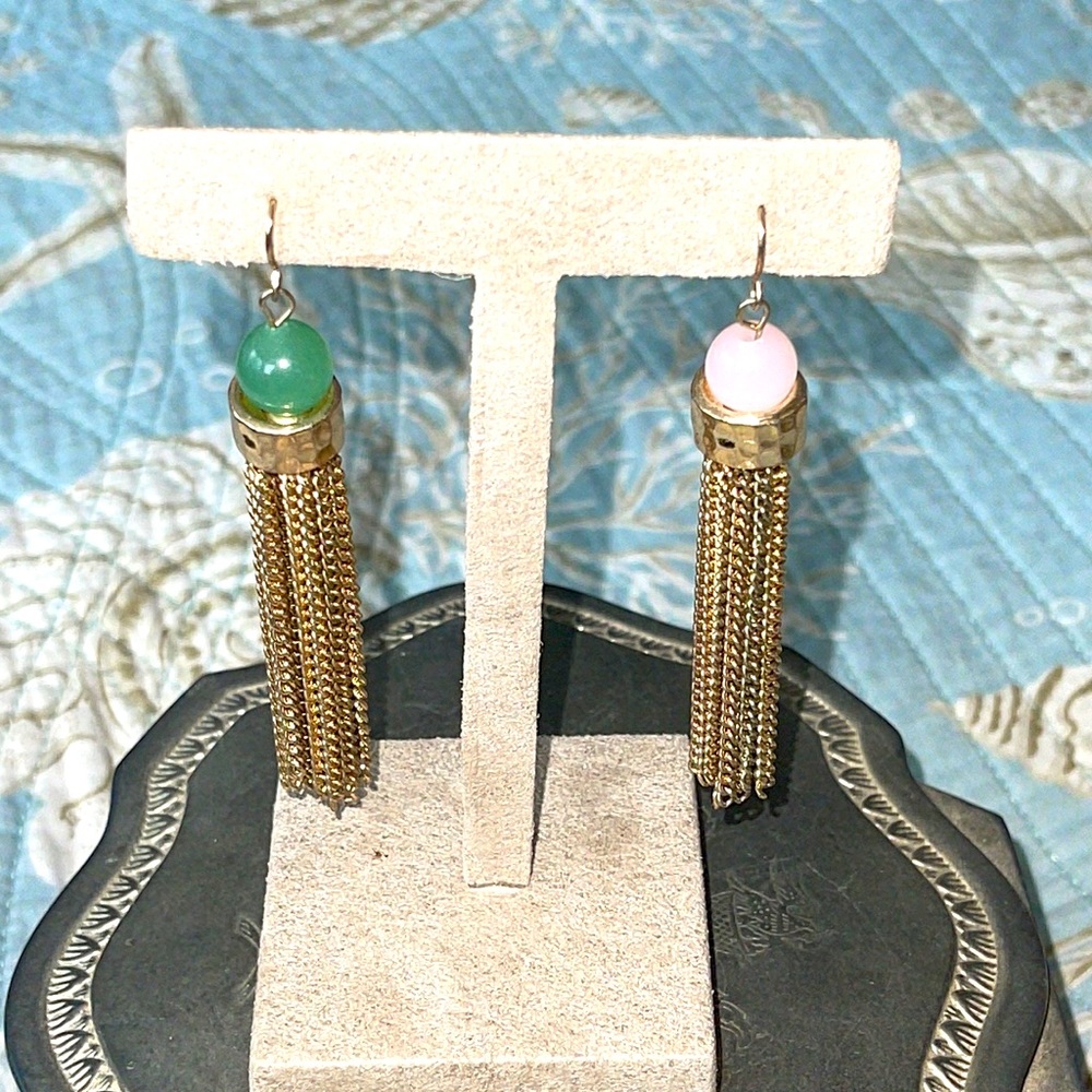 Pair of rosé quartz and green jade pierced earrings two different semi precious